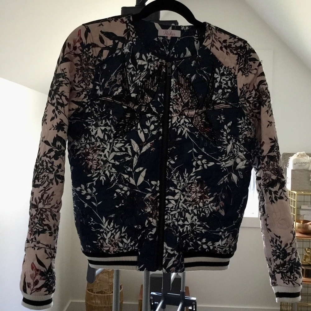 Beautiful Parker bomber jacket with embroidered birds on the front.
